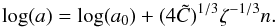 \begin{equation} \log(a) =\log(a_0) +(4\tC)^{1/3} \zeta^{-1/3} n. \end{equation}