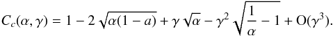 \appendix \setcounter{section}{3} \begin{equation} C_c(\a,\ga)=1-2\sqrt{\a(1-a)}+\ga\sqrt{\a}-\ga^2\sqrt{\frac{1}{\a}-1} +\O(\ga^3). \end{equation}