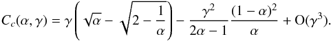 \appendix \setcounter{section}{3} \begin{equation} C_c(\a,\ga)=\ga\left(\sqrt{\a}-\sqrt{2-\frac{1}{\a}}\right)-\frac{\ga^2}{2\a-1}\frac{(1-\a)^2}{\a} +\O(\ga^3). \end{equation}