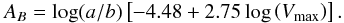\begin{equation} A_{B}=\log (a/b) \left[-4.48+2.75\log\left(V_{\max}\right)\right]. \end{equation}