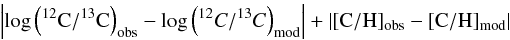 Mathematical equation: \begin{equation} \label{crit} \left| \log\left(\rm ^{12}C/^{13}C\right)_\text{obs} - \log\left(^{12}C/^{13}C\right)_\text{mod} \right| + \left| [{\rm C/H}]_\text{obs} - [{\rm C/H}]_\text{mod} \right| \end{equation}