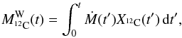 Mathematical equation: \begin{equation} \label{mwind} M^\text{W}_{^{12}\text{C}}(t) = \int_\text{0}^{t} \dot{M}(t') X_{^{12}\text{C}}(t') \, \text{d}t', \end{equation}