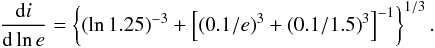 Mathematical equation: \begin{equation} \frac{\total i}{\total \ln e} = \left\{\left(\ln 1.25\right)^{-3} + \left[\left(0.1/e\right)^3 + \left(0.1/1.5\right)^3\right]^{-1} \right\}^{1/3}. \end{equation}