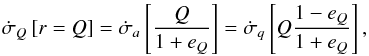 Mathematical equation: \begin{equation} \dot \sigma_Q\left[r = Q\right] = \dot \sigma_a\left[\frac{Q}{1 + e_Q}\right] = \dot \sigma_q\left[Q\frac{1 - e_Q}{1 + e_Q}\right], \end{equation}
