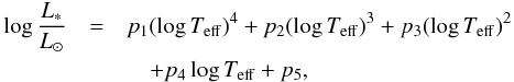 \appendix \setcounter{section}{1} \begin{eqnarray} \log {L_\ast \over L_\odot} &=& p_{1}(\log T_{\rm eff})^{4}+p_{2}(\log T_{\rm eff})^{3}+p_{3} (\log T_{\rm eff})^{2} \notag\\ &&\quad +p_{4}\log T_{\rm eff}+p_{5}, \end{eqnarray}