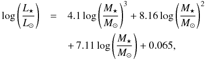Mathematical equation: \begin{eqnarray} \log \left(\frac{L_{\star}}{{L}_{\odot}}\right) & = & 4.1 \log\left(\frac{M_{\star}}{{M}_{\odot}}\right)^3 + 8.16 \log\left(\frac{M_{\star}}{{M}_{\odot}}\right)^2 \nonumber \\ && + \, 7.11 \log\left(\frac{M_{\star}}{{M}_{\odot}}\right) + 0.065, \label{eq:eq4-sec2-1} \end{eqnarray}
