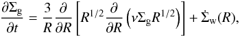 Mathematical equation: \begin{eqnarray} \frac{\partial \Sigma_{\rm g}}{\partial t}= \frac{3}{R}\frac{\partial}{\partial R} \left[ R^{1/2} \frac{\partial}{\partial R} \left( \nu \Sigma_{\rm g} R^{1/2} \right) \right] + \dot{\Sigma}_{\rm w}(R), \label{eq:eq1-sec2-2} \end{eqnarray}