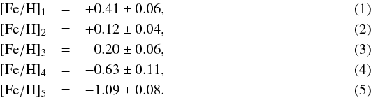 Mathematical equation: \begin{eqnarray} {}[{\rm Fe/H}]_{1} &=& +0.41\pm0.06, \label{eq:1}\\ {}[{\rm Fe/H}]_{2} &=& +0.12\pm0.04, \label{eq:2}\\ {}[{\rm Fe/H}]_{3} &=& -0.20\pm0.06, \label{eq:3}\\ {}[{\rm Fe/H}]_{4} &=& -0.63\pm0.11, \label{eq:4}\\ {}[{\rm Fe/H}]_{5} &=& -1.09\pm0.08. \label{eq:5} \end{eqnarray}