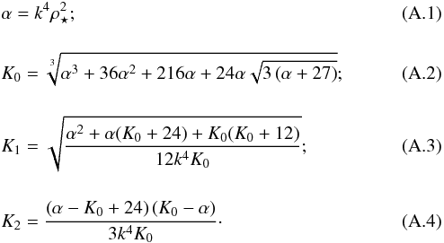 Mathematical equation: \appendix \setcounter{section}{1} \begin{eqnarray} &&\alpha = k^{4}\rho_\star^2;\\[4mm] &&K_0=\sqrt[3]{\alpha^3+36 \alpha^2+216 \alpha +24 \alpha \sqrt{3 \left(\alpha+27\right)}} ; \\[4mm] &&K_1=\sqrt{\frac{\alpha^2+\alpha(K_0+24)+K_0 (K_0+12)}{12 k^4 K_0}}; \\[4mm] &&K_2=\frac{\left(\alpha-K_0+24\right) \left(K_0-\alpha\right)}{3 k^4 K_0}\cdot \end{eqnarray}