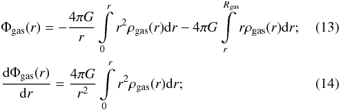 Mathematical equation: \begin{eqnarray} \label{D68:Phi} &&\Phi_\mathrm{gas}(r) = - \frac{4 \pi G}{r}\int\limits_0^r r^2 \rho_\mathrm{gas}(r){\rm d}r - 4 \pi G \int\limits_r^{R_\mathrm{gas}} r \rho_\mathrm{gas}(r){\rm d}r; \\ \label{D68:force} &&\frac{{\rm d}\Phi_\mathrm{gas}(r)}{{\rm d}r} = \frac{4 \pi G}{r^2}\int\limits_0^r r^2 \rho_\mathrm{gas}(r){\rm d}r; \end{eqnarray}