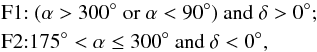 Mathematical equation: \begin{eqnarray*} && {\rm F1}{:} ~ (\alpha > 300^{\circ} ~ {\rm or} ~ \alpha < 90^{\circ}) ~ {\rm and} ~ \delta > 0^{\circ}; \\ && {\rm F2}{:} 175^{\circ} < \alpha \leq 300^{\circ} ~ {\rm and} ~ \delta < 0^{\circ}, \end{eqnarray*}