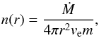 Mathematical equation: \begin{equation} \label{eq:eqq3} \centering n(r)= \frac{\dot{M}}{4\pi r^{2} v_{\rm{e}} m}, \end{equation}