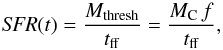 \begin{equation} \label{eq:sfr_def} \textit{SFR}(t) = \frac{M_{\rm thresh}}{t_{\rm ff}} = \frac{M_{\rm C} \, f}{t_{\rm ff}} \comequa \end{equation}