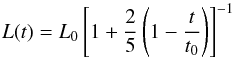 \begin{equation} \label{Eq_gough} L(t)=L_0\left[1+\frac{2}{5}\left(1-\frac{t}{t_0}\right)\right]^{-1} \end{equation}