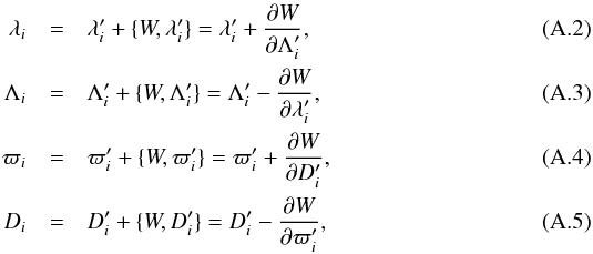 \appendix \setcounter{section}{1} \begin{eqnarray} \label{eq:chglambda} \lambda_i &=& \lambda_i' + \{W,\lambda_i'\} = \lambda_i' + \frac{\partial W}{\partial \Lambda_i'},\\ \label{eq:chgLambda} \Lambda_i &=& \Lambda_i' + \{W,\Lambda_i'\} = \Lambda_i' - \frac{\partial W}{\partial \lambda_i'},\\ \label{eq:chgw} \varpi_i &=& \varpi_i' + \{W,\varpi_i'\} = \varpi_i' + \frac{\partial W}{\partial D_i'},\\ \label{eq:chgD} D_i &=& D_i' + \{W,D_i'\} = D_i' - \frac{\partial W}{\partial \varpi_i'}, \end{eqnarray}