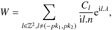 \appendix \setcounter{section}{2} \begin{equation} W = \sum_{l\in\mathbb{Z}^2, l\neq(-pk_1,pk_2)} \frac{C_l}{\im l.n}\expo{\im l.\lambda}, \end{equation}