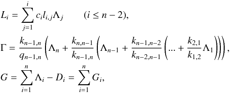 \appendix \setcounter{section}{1} \begin{eqnarray} \label{eq:actions} &&L_i = \sum_{j=1}^i c_i l_{i,j} \Lambda_j \qquad (i\leq n-2),\nonumber\\ &&\Gamma = \frac{k_{n-1,n}}{q_{n-1,n}}\left( \Lambda_n + \frac{k_{n,n-1}}{k_{n-1,n}} \left( \Lambda_{n-1} + \frac{k_{n-1,n-2}}{k_{n-2,n-1}} \left( ... + \frac{k_{2,1}}{k_{1,2}}\Lambda_1 \right)\right)\right),\nonumber\\ &&G = \sum_{i=1}^n \Lambda_i - D_i = \sum_{i=1}^n G_i, \end{eqnarray}