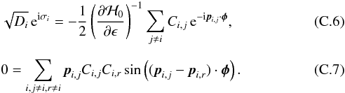 \appendix \setcounter{section}{3} \begin{eqnarray} \label{eq:solDsig} &&\sqrt{D_i} \expo{\im \sigma_i} = - \frac{1}{2}\left(\frac{\partial\H_0}{\partial\epsilon}\right)^{-1} \sum_{j\neq i} C_{i,j} \expo{-\im \vec{p}_{i,j}\cdot\vec\phi},\\[2mm] \label{eq:solphi} &&0 = \sum_{i,j\neq i,r\neq i} \vec{p}_{i,j} C_{i,j} C_{i,r} \sin\left((\vec{p}_{i,j}-\vec{p}_{i,r})\cdot\vec\phi\right). \end{eqnarray}