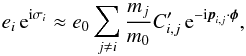 \appendix \setcounter{section}{3} \begin{equation} \label{eq:solesig} e_i \expo{\im \sigma_i} \approx e_0 \sum_{j\neq i} \frac{m_j}{m_0} C'_{i,j} \expo{-\im \vec{p}_{i,j}\cdot\vec\phi},\\ \end{equation}