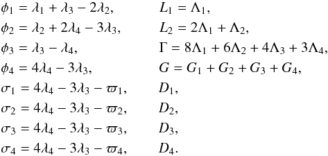 \begin{eqnarray} \label{eq:k223angacts} &&\phi_1 = \lambda_1 + \lambda_3 - 2 \lambda_2, \qquad ~~ ~~L_1 = \Lambda_1,\nonumber\\ &&\phi_2 = \lambda_2 + 2\lambda_4 - 3 \lambda_3, \qquad ~~ L_2 = 2 \Lambda_1 + \Lambda_2,\nonumber\\ &&\phi_3 = \lambda_3 - \lambda_4, \qquad \qquad \quad~~ \Gamma = 8 \Lambda_1 + 6\Lambda_2 + 4\Lambda_3+ 3\Lambda_4,\nonumber\\ &&\phi_4 = 4 \lambda_4 - 3 \lambda_3, \qquad \qquad ~~ G = G_1 + G_2 + G_3 + G_4,\nonumber\\ &&\sigma_1 = 4 \lambda_4 - 3 \lambda_3 - \varpi_1, \qquad D_1,\nonumber\\ &&\sigma_2 = 4 \lambda_4 - 3 \lambda_3 - \varpi_2, \qquad D_2,\nonumber\\ &&\sigma_3 = 4 \lambda_4 - 3 \lambda_3 - \varpi_3, \qquad D_3,\nonumber\\ &&\sigma_4 = 4 \lambda_4 - 3 \lambda_3 - \varpi_4, \qquad D_4. \end{eqnarray}