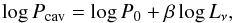 Mathematical equation: \begin{equation} \label{equ:Pcav_LD_fit} \log{P_{\rm{cav}}} = \log{P_{0}} + \beta\log{L_{\rm{\nu}}}, \end{equation}