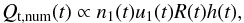 Mathematical equation: \begin{equation} Q\rs{t,num}(t) \propto n_1(t) u_1(t) R(t) h(t) \label{alpha:Qtnum} , \end{equation}