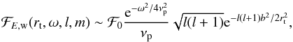 \begin{eqnarray} \mathcal{F}_{E,\rm{w}}(r_{\rm t},\omega,l,m) \sim \mathcal{F}_{0} \frac{{\rm e}^{-\omega^2/4 \nu_{\rm p}^2}}{\nu_{\rm p}} \sqrt{l(l+1)} {\rm e}^{-l(l+1) b^2/2 r_{\rm t}^2}, \label{wave energy flux} \end{eqnarray}