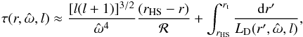 \appendix \setcounter{section}{1} \begin{eqnarray} \tau(r, \hat{\omega},l)\approx \frac{[l(l+1)]^{3/2}}{\hat{\omega}^4} \frac{(r_{{\rm HS}}-r)}{\mathcal{R}} + \int_{r_{{\rm HS}}}^{r_{\rm t}} \frac{{\rm d} r^\prime}{L_{\rm D}(r^\prime, \hat{\omega},l)}, \label{tau center} \end{eqnarray}