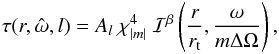 \appendix \setcounter{section}{2} \begin{eqnarray} \tau(r, \hat{\omega},l) = A_l ~\chi_{|m|}^4 ~\mathcal{I}^\beta\left( \frac{r}{r_{\rm t}}, \frac{\omega}{m\Delta \Omega} \right), \label{tau 2} \end{eqnarray}