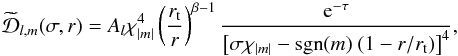 \appendix \setcounter{section}{2} \begin{eqnarray} \widetilde{\mathcal{D}}_{l,m}(\sigma,r) =A_l \chi_{|m|}^4 \left(\dfrac{r_{\rm t}}{r}\right)^{\beta-1} \frac{{\rm e}^{-\tau}}{\left[\sigma \chi_{|m|}-\mathrm{sgn}(m)~(1- r/r_{\rm t})\right]^4}, \label{damping term 2} \end{eqnarray}