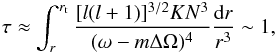 \appendix \setcounter{section}{2} \begin{eqnarray} \tau \approx \int_r^{r_{\rm t}} \frac{[l(l+1)]^{3/2} K N^3}{(\omega-m \Delta \Omega)^4 } \frac{{\rm d }r}{r^3} \sim 1, \label{damping unity} \end{eqnarray}