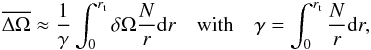 \begin{eqnarray} \overline{\Delta \Omega}\approx\frac{1}{\gamma} \int_0^{r_{\rm t}} \delta \Omega \frac{N}{r} \mathrm{d} r ~~~~\mathrm{with}~~~~\gamma=\int_0^{r_{\rm t}} \frac{N}{r} \mathrm{d} r, \label{seismic domega} \end{eqnarray}