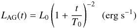 Mathematical equation: \appendix \setcounter{section}{2} \begin{equation} L_{\rm AG}(t)=L_{0}\left(1+\frac{t}{T_{0}}\right)^{-2} \hspace{5pt} ({\rm erg~s^{-1}}) \label{equ:magnetar_AG} \end{equation}