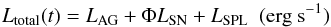 Mathematical equation: \appendix \setcounter{section}{2} \begin{equation} L_{\rm total} (t) = L_{\rm AG} + \Phi L_{\rm SN} + L_{\rm SPL} \hspace{5pt} ({\rm erg~s^{-1}}) \label{equ:mag_combined_norm_SN} \end{equation}