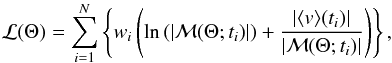 \begin{equation} \Lagr(\Theta) = \sum\limits_{i=1}^{N}\left\{ w_i \left(\ln \left(|\Magr(\Theta; t_i)|\right) + \frac{|\langle v\rangle(t_i)|}{|\Magr(\Theta; t_i)|}\right)\right\}, \label{eq:loglikelihood} \end{equation}