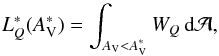 \begin{equation} L_Q^{\ast}(A_{\rm V}^{\ast})=\int_{A_{\rm V}<A_{\rm V}^{\ast}}W_Q\,{\rm{}d}\mathcal{A} , \label{eq:line-luminosity} \end{equation}