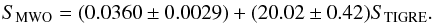 \begin{eqnarray} S_{\rm{MWO}} = (0.0360\pm0.0029)+(20.02\pm0.42) S_{\rm{TIGRE}}. \label{trans_eq_hrt_s_mw_index} \end{eqnarray}