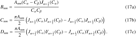 % subequation 1143 0 \begin{eqnarray} &&B_{nm}=\frac{A_{nm} (\calpha -\cbeta ) J_{n+\frac{1}{2}}(\calpha )}{\calpha \cbeta }~\\ &&C_{nm}=\frac{\pi A_{nm}}{2} \left(J_{n+\frac{1}{2}}(\calpha ) J_{n+\frac{3}{2}}(\cbeta )-J_{n+\frac{3}{2}}(\calpha)J_{n+\frac{1}{2}}(\cbeta )\right)\\ &&D_{nm}=\frac{\pi A_{nm}}{2} \left(J_{n+\frac{3}{2}}(\calpha ) Y_{n+\frac{1}{2}}(\cbeta )-J_{n+\frac{1}{2}}(\calpha) Y_{n+\frac{3}{2}}(\cbeta )\right). \end{eqnarray}