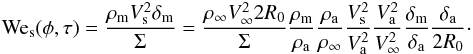 Mathematical equation: \appendix \setcounter{section}{2} \begin{eqnarray} {\rm{We}}_{\rm{s}}(\phi,\tau) = \frac{\rho_{\rm{m}}V^2_{\rm{s}}\delta_{\rm{m}}}{\Sigma} = \frac{\rho_{\rm{\infty}}V^2_{\rm{\infty}}2R_0}{\Sigma}\frac{\rho_{\rm{m}}}{\rho_{\rm{a}}}\frac{\rho_{\rm{a}}}{\rho_{\rm{\infty}}}\frac{V^2_{\rm{s}}}{V^2_{\rm{a}}} \frac{V^2_{\rm{a}}}{V^2_{\rm{\infty}}}\frac{\delta_{\rm{m}}}{\delta_{\rm{a}}}\frac{\delta_{\rm{a}}}{2R_0}\cdot \end{eqnarray}