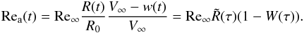 Mathematical equation: \appendix \setcounter{section}{2} \begin{eqnarray*} {\rm{Re_a}}(t) = {\rm{Re_\infty}} \frac{{R(t)}}{{R_0}} \frac{{V_\infty - w(t)}}{{V_\infty}} = {\rm{Re_\infty}} \tilde R (\tau) (1- W(\tau)). \end{eqnarray*}