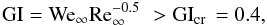 Mathematical equation: \appendix \setcounter{section}{2} \begin{eqnarray} {\rm{GI}} = {\rm{We}}_\infty {\mathop{\rm Re}\nolimits} _\infty ^{ - 0.5} \,\, > {\rm GI}_{\rm cr}\,={\rm 0}{\rm .4}, \end{eqnarray}