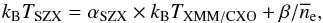 Mathematical equation: \begin{equation} k_{\rm B} \TSZ = \alpha_{\rm SZX} \times k_{\rm B} \TXXC+ {\beta}/{\overline{n}_{\rm e}}, \label{eq:TSZ_TX_regression} \end{equation}