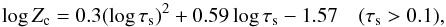 Mathematical equation: \begin{equation} \log Z_\mathrm{c} = 0.3 (\log\tau_\mathrm{s})^2 + 0.59 \log\tau_\mathrm{s} - 1.57\quad(\tau_\mathrm{s} > 0.1), \end{equation}