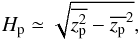 Mathematical equation: \begin{equation} H_\mathrm{p} \simeq \sqrt{\overline{z_\mathrm{p}^2} - \overline{z_\mathrm{p}}^2}, \end{equation}