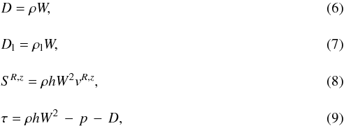 Mathematical equation: \begin{eqnarray} && D = \rho W, \\[4mm] & &D_{\rm l} = \rho_{\rm l} W, \\[4mm] & &S^{R,z} = \rho h W^2 v^{R,z}, \\[4mm] &&\tau=\rho h W^2\,-\,p\,-\,D, \end{eqnarray}