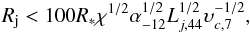 Mathematical equation: \begin{equation} R_{\rm j} < 100 R_* \chi^{1/2}\alpha_{-12}^{1/2} L_{j,44}^{1/2} \upsilon_{c,7}^{-1/2}, \label{eq:mdc} \end{equation}