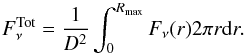 Mathematical equation: \appendix \setcounter{section}{2} \begin{equation} F_\nu^{\rm Tot} = \frac{1}{D^2}\int_0^{R_{\rm max}} F_\nu(r)2\pi r {\rm d}r . \end{equation}