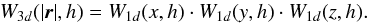 Mathematical equation: \begin{equation} W_{3d}({\vert{\vec r}\vert}, h) = W_{1d}(x,h)\cdot W_{1d}(y,h)\cdot W_{1d}(z,h). \label{separability} \end{equation}