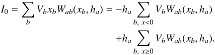 Mathematical equation: \appendix \setcounter{section}{2} \begin{eqnarray} \begin{split} I_0=\sum_b V_b x_b W_{ab}(x_b,h_a) = - h_a\sum\limits_{b,~x<0} V_b W_{ab}(x_b,h_a)\\ +h_a\sum\limits_{b,~ x\geq 0} V_b W_{ab}(x_b,h_a) \label{integral0} \end{split} . \end{eqnarray}
