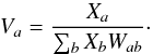 Mathematical equation: \begin{equation} V_a = \frac{X_a}{\sum_b X_b W_{ab}} \label{estimatorX} \cdot \end{equation}